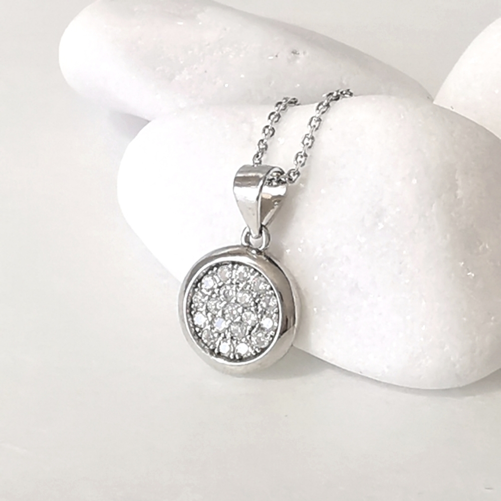 NWT Sterling silver pave cz disc pendant necklace